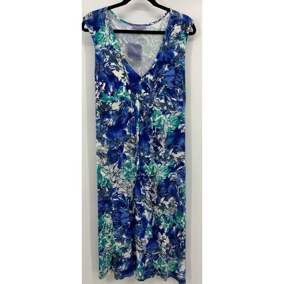 Laura Scott Missy Knit Dress Size Large Blue Green Floral Pleated Tie Women New - Picture 1 of 9